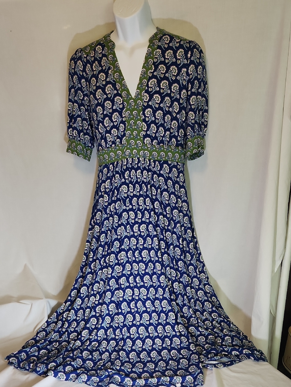 Boden Blue Printed Maxi Dress with Green Trim